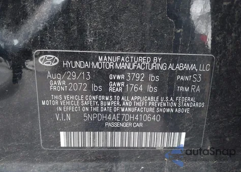 2013 Hyundai Elantra Gls z USA, uszkodzony, nr VIN 5NPDH4AE7DH410640
